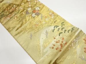 引箔山に民家・草花・鶴模様織出し袋帯